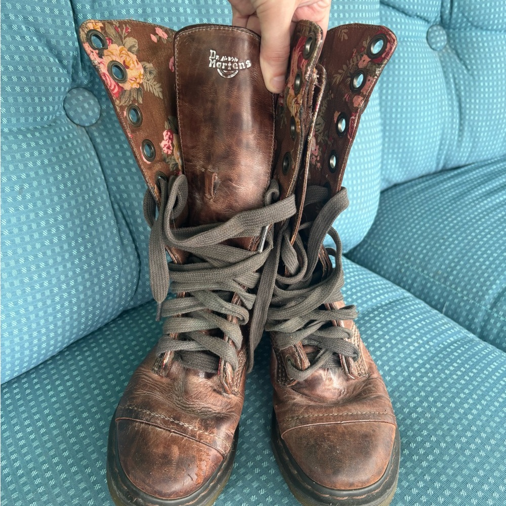 Dr. Martens Brown Leather Lace-Up Boots with Floral Lining